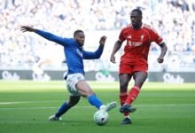 Everton's Beto in action with Liverpool's Ibrahima Konate.