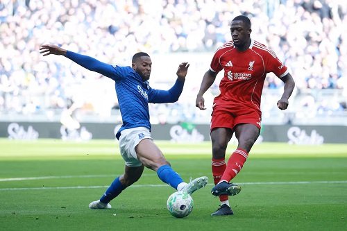 Everton's Beto in action with Liverpool's Ibrahima Konate.