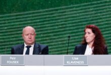 Executive Committee member Petr Fousek and Norwegian Football Federation president Lise Klaveness during the event