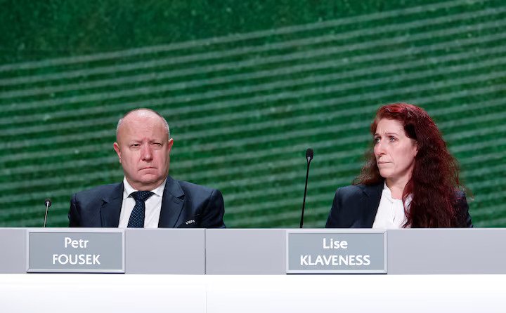 Executive Committee member Petr Fousek and Norwegian Football Federation president Lise Klaveness during the event