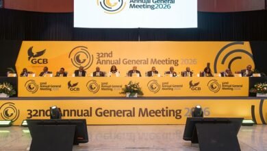 Prof Alabi (middle) wtih the Managing Director of GCB Bank PLC, Farihan Alhassan (sixth from right) with board members of the bank during the AGM