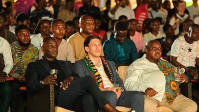 Germany Ambassador to Ghana, Frederik Lofts︠hoft (middle) flanked by Anthony Baffoe (left) and former GFA chairman Nana Sam Brew-Butler together with other dignitaries