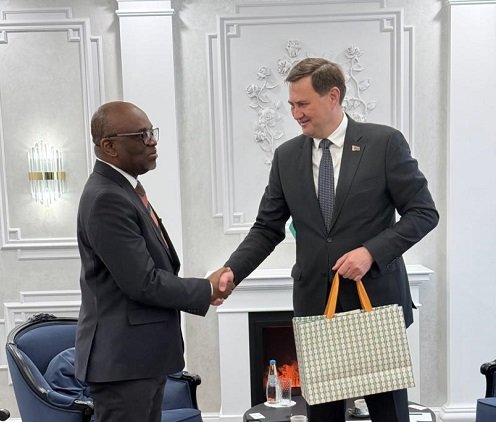 Dr Jehu-Appiah (left) and Mr Ryzhenkov exchanging pleasantries