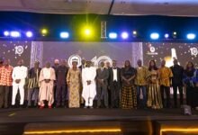 Mrs Ofosu-Adjare (eight from left) with the awardees after the event