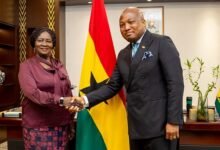 Vice President, Opoku-Agyemang (left) being welcome by Mr Ablakwa