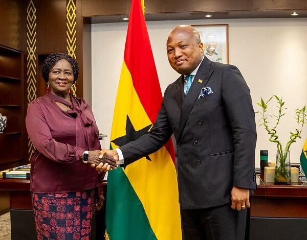 Vice President, Opoku-Agyemang (left) being welcome by Mr Ablakwa