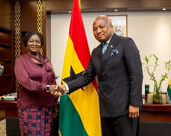 Vice President, Opoku-Agyemang (left) being welcome by Mr Ablakwa