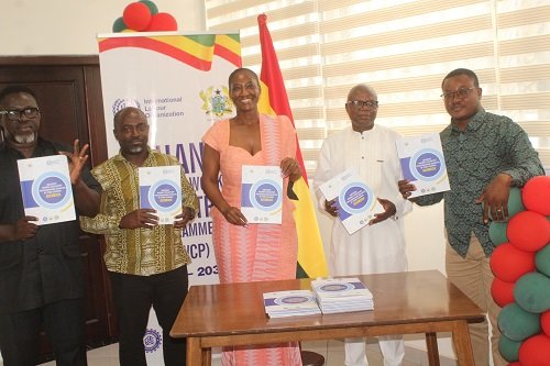Mr Adakurugu (second from right), Dr Phala (middle) and other guests launching the Ghana Decent Work Country programme. Photo Ebo Gorman.