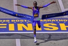 John Korir breaks the tape to win the Boston Marathon yesterday