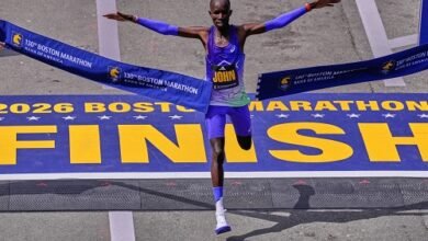 John Korir breaks the tape to win the Boston Marathon yesterday