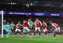 Leandro Trossard watches as his header comes off the post
