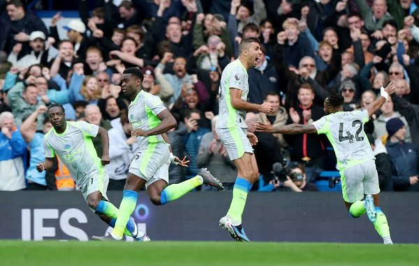 Manchester City's Marc Guehi celebrates scoring their second goal with teammates