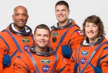 Members of the Artemis II crew. They are (left to right) Victor Glover, Reid Wiseman, Jeremy Hansen, and Christina Koch