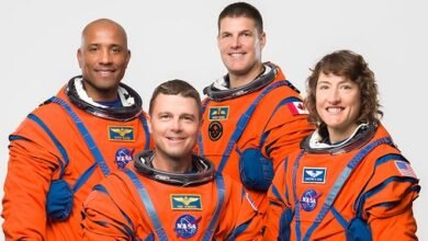 Members of the Artemis II crew. They are (left to right) Victor Glover, Reid Wiseman, Jeremy Hansen, and Christina Koch
