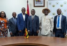 Mr Akandoh (middle) fanked on the right by Prof. Ahwoi and Dr Hoedoafia (third from left ) and other officials atfter the meeting