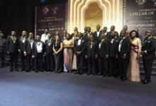 -Otumfuo Osei Tutu II (eight from left) with former President Akufo-Addo (sixth from right) and other awardees after the event