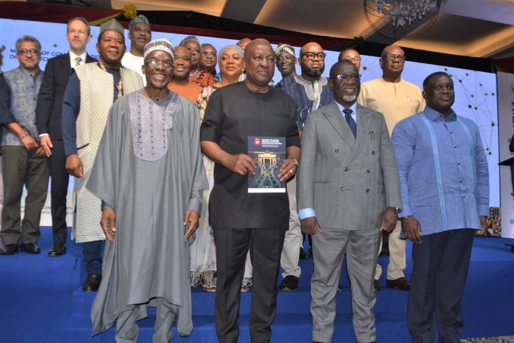 President Mahama (front row, second from left) with Mr Alban Bagbin (front row left),Mr George (front row right)and other dignitaries after launching the National AI startegic document PhotoVictor A. Buxton