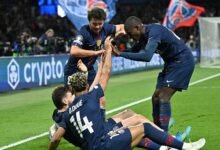 Paris Saint-Germain players after one of their five goals