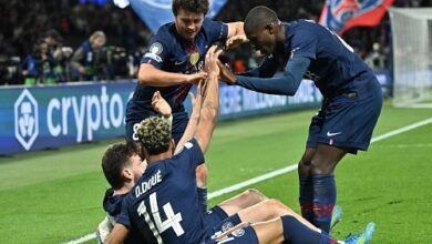 Paris Saint-Germain players after one of their five goals