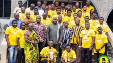 Players and officials of BA United with members of the Sunyani Traditional Council led by Odeefour Ogyeamansan Boahen Korkor II