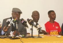 Lawyer Martin Kpebu (second from left) addressing the press conference. With him are members of the CACA. Photo. Ebo Gorman