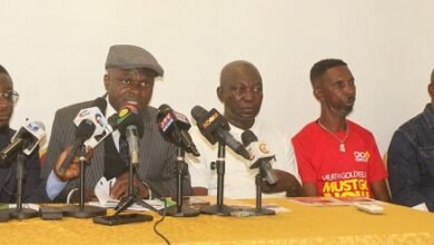 Lawyer Martin Kpebu (second from left) addressing the press conference. With him are members of the CACA. Photo. Ebo Gorman