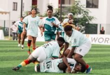 Princess Avorkah (left) and team mate Hilaria Wuaku tackling a Nigeria player