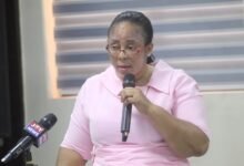 Ms Ocloo (inset) addressing the gathering at the workshop Photo Victor A. Buxton