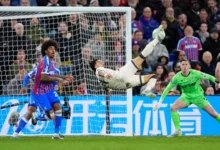 West Ham player Taty Castellanos attempts a spectacular overhead kick in the penalty area