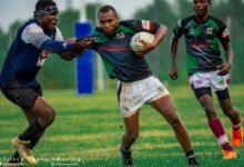 William Asilevi (left) of Accra Panthers tackling William Pearcy-Biney of Dragons during the game