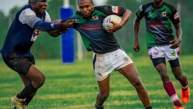 William Asilevi (left) of Accra Panthers tackling William Pearcy-Biney of Dragons during the game