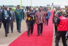 President Mahama (in smock) and President Manangagwa receiving cheers from the crowd on arrival at the Accra International Airport