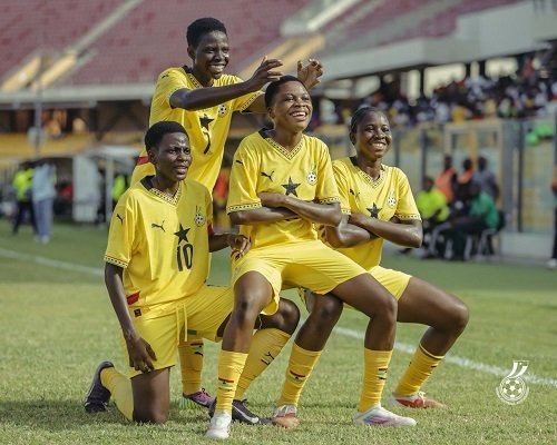 Zeinab Shani leads the Black Maidens celebration after grabbing her second goal