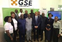 The Managing Director of ZEN Petroleum Holdings, Mr William Tewiah (fourth from right) with other dignitaries in the programme during the listing ceremony