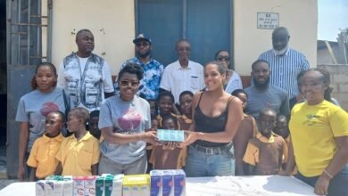 • Ms Melinda Gosda, assistant nurse at Street Academy Health Post (right), receiving some of the medical supplies from Mrs Abba-Opoku