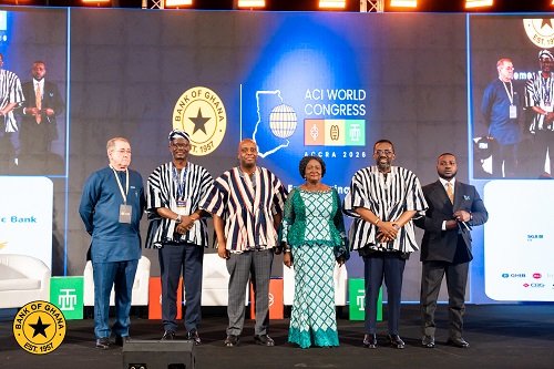 Vice President Professor Opoku-Agyemang (third from right) with Mr Ampem (third from left) and other dignitaries at the closing ceremony of the ACI World Congress 2026