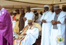 Chief Imam, Sheikh Osman Nuhu Shaributu (seated) leading the prayers at the Independence Square in Accra