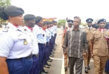 Mr Mburidiba (second from right) inspecting the guard of honour during the International Firefighters’ Day celebration