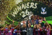 Crystal Palace's Dean Henderson lifts the trophy as he celebrates with teammates after winning