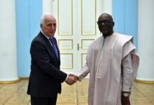 Ambassador Jehu-Appiah (right) being welcomed by President Khachaturyan