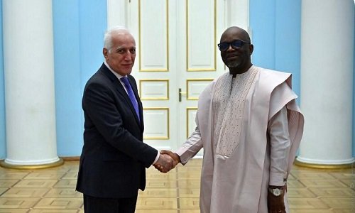 Ambassador Jehu-Appiah (right) being welcomed by President Khachaturyan
