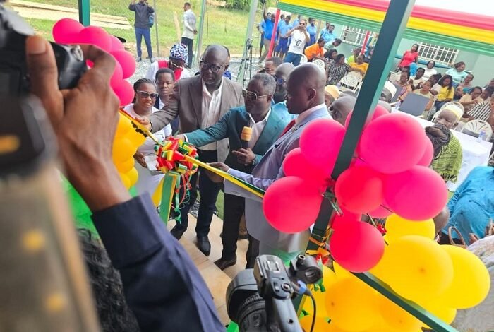 Mr Akandoh (middle) being assist by Alhaji Faila (left) to inaugurate the facility