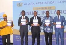 Mr Nyarko Ampem (middle), Dr Iddrisu (right), Dr Yaw Baah (second from right) and other invited guests launching the report. Photo. Ebo Gorman