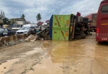 • A deplorable section of the road near the Amasaman flyover, where a vehicle overturned last week