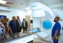 President Mahama (third from right) and other dignitaries inspecting one of the installed equipments at the facility