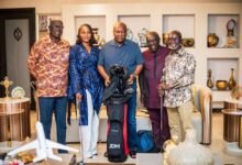 • President Mahama (middle) with Mike Aggrey (left) and other members of the Head of State Golf Planning Committee