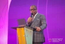 Rev. Wengam (inset) addressing the Ministers’ Wives Conference