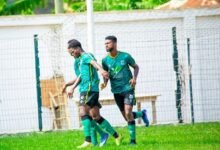 Samartex players join Osei to celebrate the lone goal