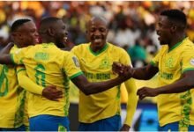 Sundowns' South African defender Aubrey Modiba celebrates with teammates after scoring his team's goal during the CAF Champions League final against AS FAR