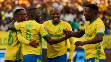 Sundowns' South African defender Aubrey Modiba celebrates with teammates after scoring his team's goal during the CAF Champions League final against AS FAR